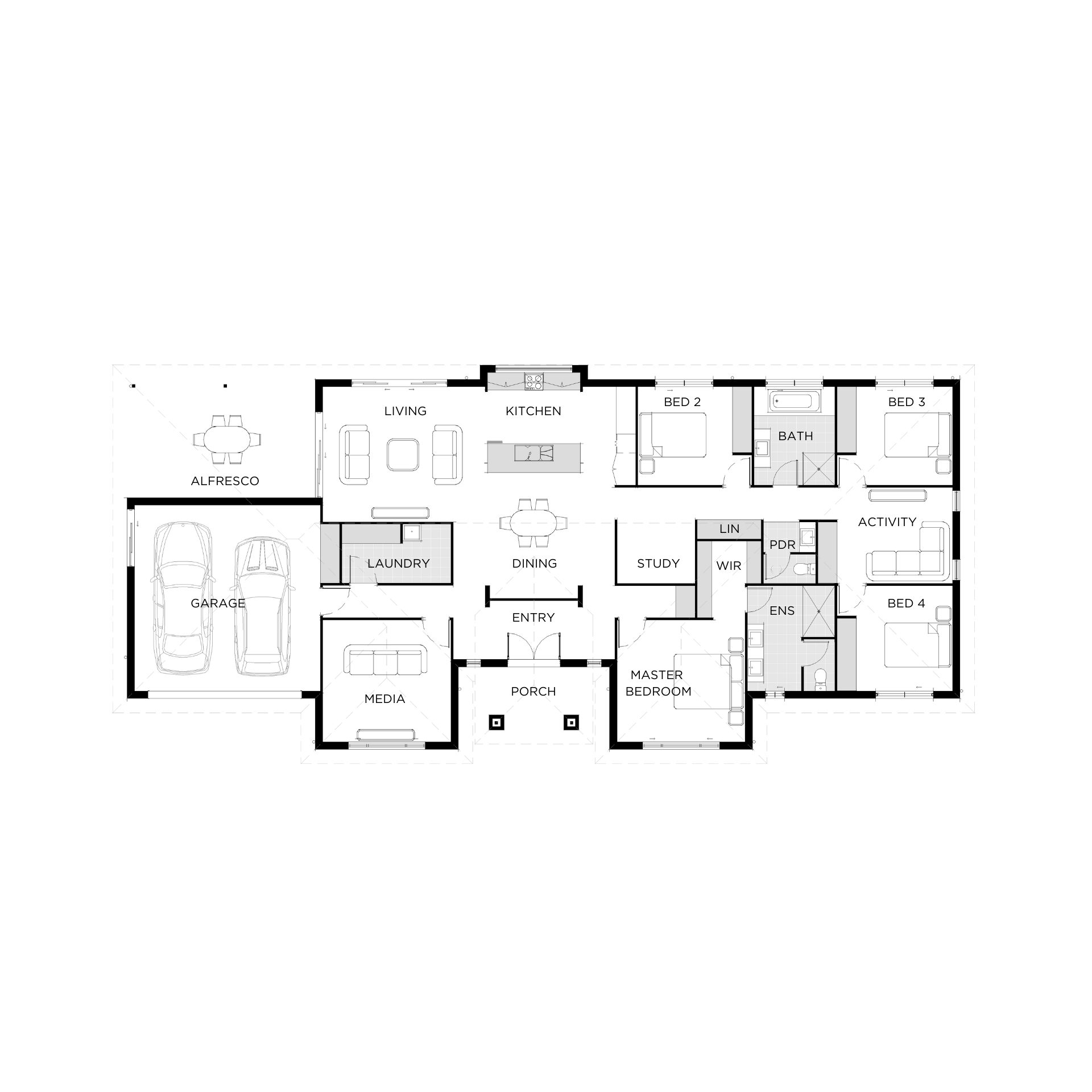 Waitara single-storey floor plan: 4 bed, 2.5 bath, 2 car garage