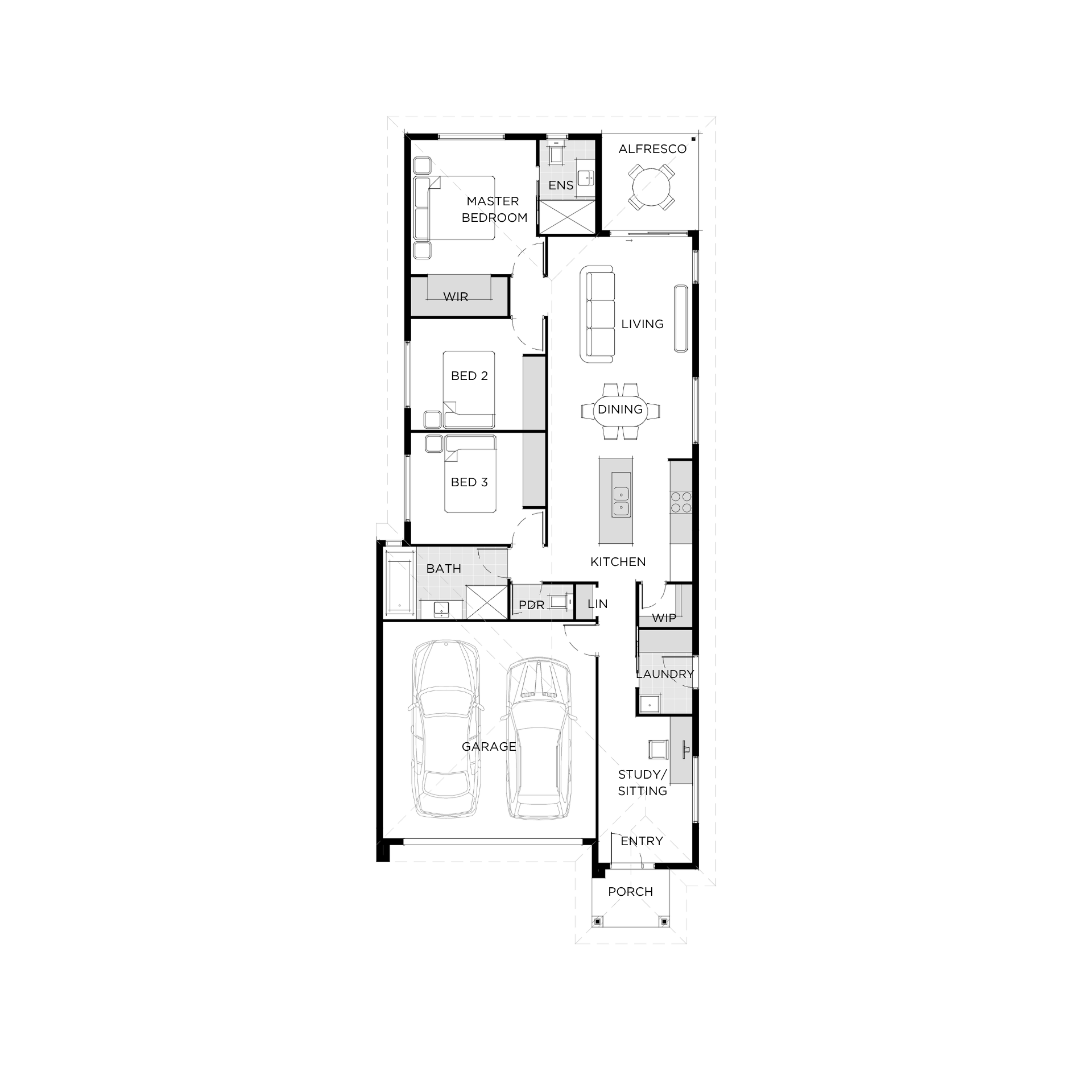 Kirrawee Isle single-storey floor plan: 3 bed, 2 bath, 2 car garage