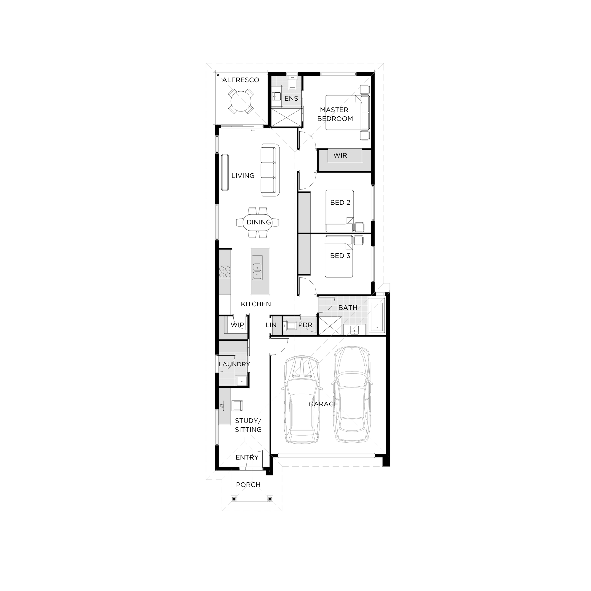 Kirrawee Isle single-storey floor plan: 3 bed, 2 bath, 2 car garage